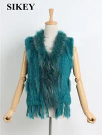 18 colors  Women Genuine Knitted Rabbit Fur Vests  with tassels Raccoon  Fur Trimming Waistcoat wholesale drop shipping VR032