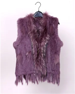 18 colors  Women Genuine Knitted Rabbit Fur Vests  with tassels Raccoon  Fur Trimming Waistcoat wholesale drop shipping VR032