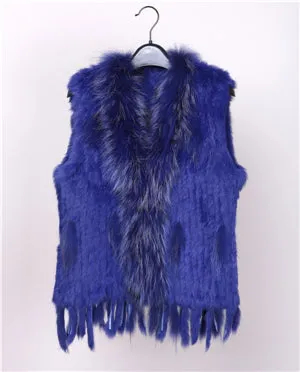 18 colors  Women Genuine Knitted Rabbit Fur Vests  with tassels Raccoon  Fur Trimming Waistcoat wholesale drop shipping VR032