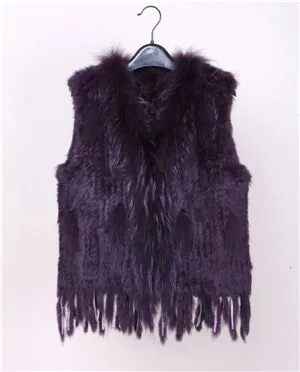 18 colors  Women Genuine Knitted Rabbit Fur Vests  with tassels Raccoon  Fur Trimming Waistcoat wholesale drop shipping VR032