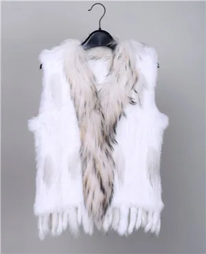 18 colors  Women Genuine Knitted Rabbit Fur Vests  with tassels Raccoon  Fur Trimming Waistcoat wholesale drop shipping VR032