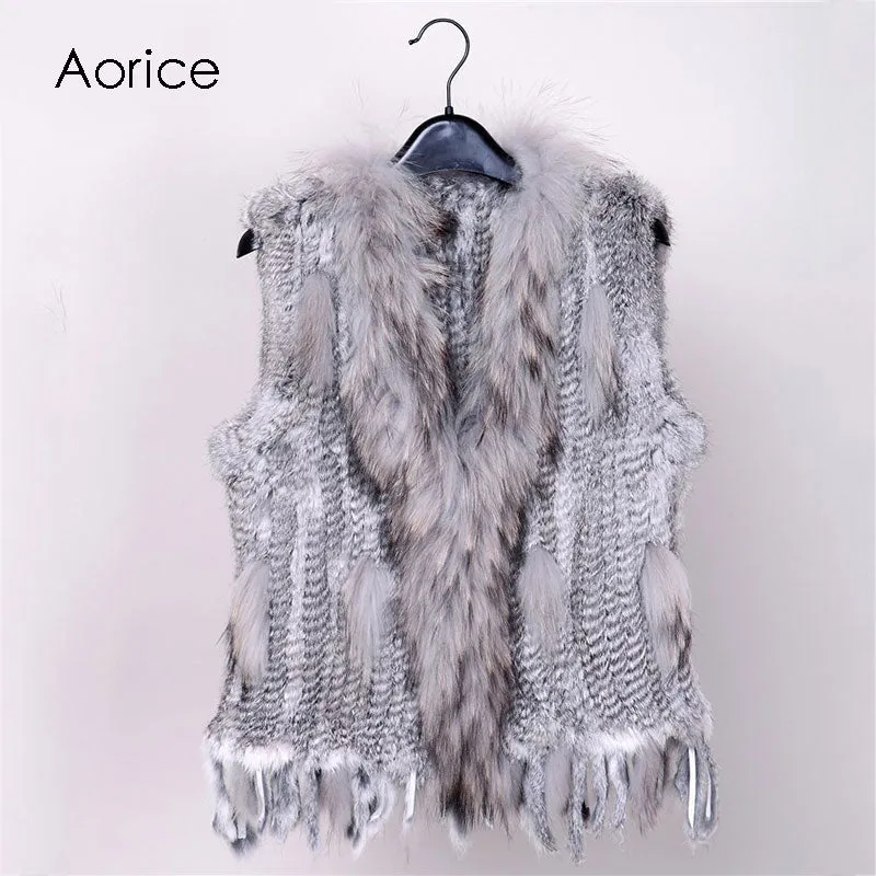 18 colors  Women Genuine Knitted Rabbit Fur Vests  with tassels Raccoon  Fur Trimming Waistcoat wholesale drop shipping VR032