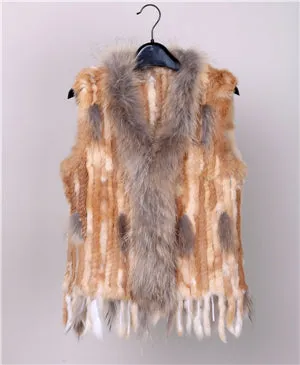 18 colors  Women Genuine Knitted Rabbit Fur Vests  with tassels Raccoon  Fur Trimming Waistcoat wholesale drop shipping VR032