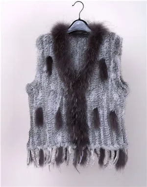18 colors  Women Genuine Knitted Rabbit Fur Vests  with tassels Raccoon  Fur Trimming Waistcoat wholesale drop shipping VR032