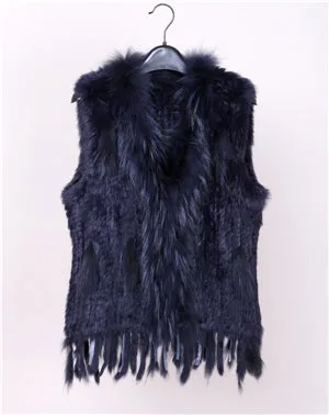 18 colors  Women Genuine Knitted Rabbit Fur Vests  with tassels Raccoon  Fur Trimming Waistcoat wholesale drop shipping VR032