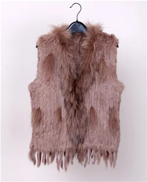 18 colors  Women Genuine Knitted Rabbit Fur Vests  with tassels Raccoon  Fur Trimming Waistcoat wholesale drop shipping VR032