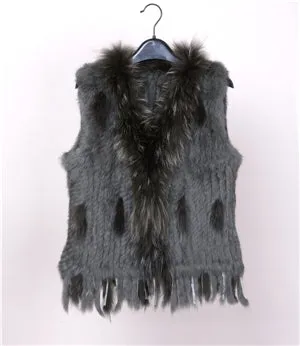 18 colors  Women Genuine Knitted Rabbit Fur Vests  with tassels Raccoon  Fur Trimming Waistcoat wholesale drop shipping VR032