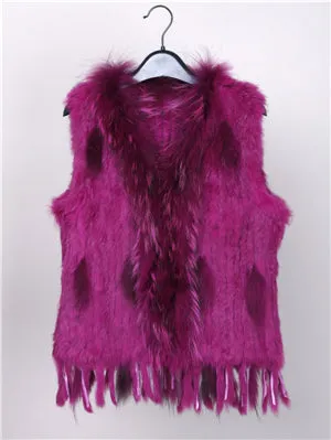 18 colors  Women Genuine Knitted Rabbit Fur Vests  with tassels Raccoon  Fur Trimming Waistcoat wholesale drop shipping VR032