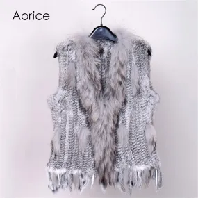 18 colors  Women Genuine Knitted Rabbit Fur Vests  with tassels Raccoon  Fur Trimming Waistcoat wholesale drop shipping VR032