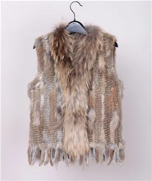 18 colors  Women Genuine Knitted Rabbit Fur Vests  with tassels Raccoon  Fur Trimming Waistcoat wholesale drop shipping VR032