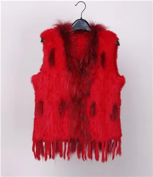 18 colors  Women Genuine Knitted Rabbit Fur Vests  with tassels Raccoon  Fur Trimming Waistcoat wholesale drop shipping VR032
