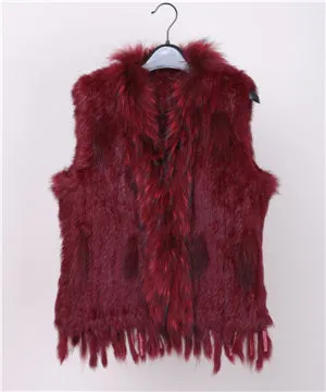 18 colors  Women Genuine Knitted Rabbit Fur Vests  with tassels Raccoon  Fur Trimming Waistcoat wholesale drop shipping VR032