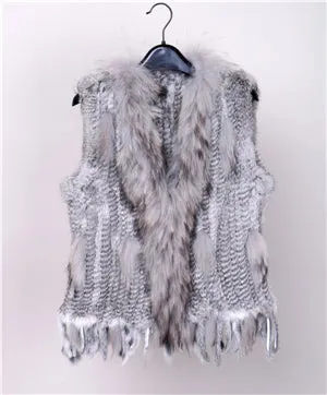 18 colors  Women Genuine Knitted Rabbit Fur Vests  with tassels Raccoon  Fur Trimming Waistcoat wholesale drop shipping VR032