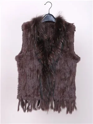 18 colors  Women Genuine Knitted Rabbit Fur Vests  with tassels Raccoon  Fur Trimming Waistcoat wholesale drop shipping VR032