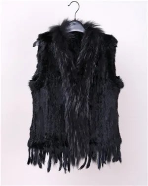 18 colors  Women Genuine Knitted Rabbit Fur Vests  with tassels Raccoon  Fur Trimming Waistcoat wholesale drop shipping VR032