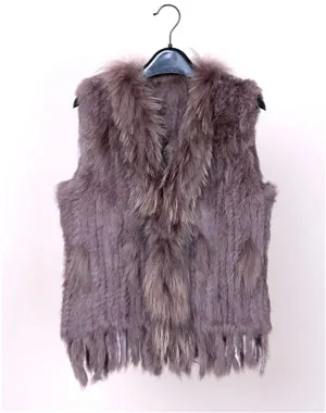 18 colors  Women Genuine Knitted Rabbit Fur Vests  with tassels Raccoon  Fur Trimming Waistcoat wholesale drop shipping VR032