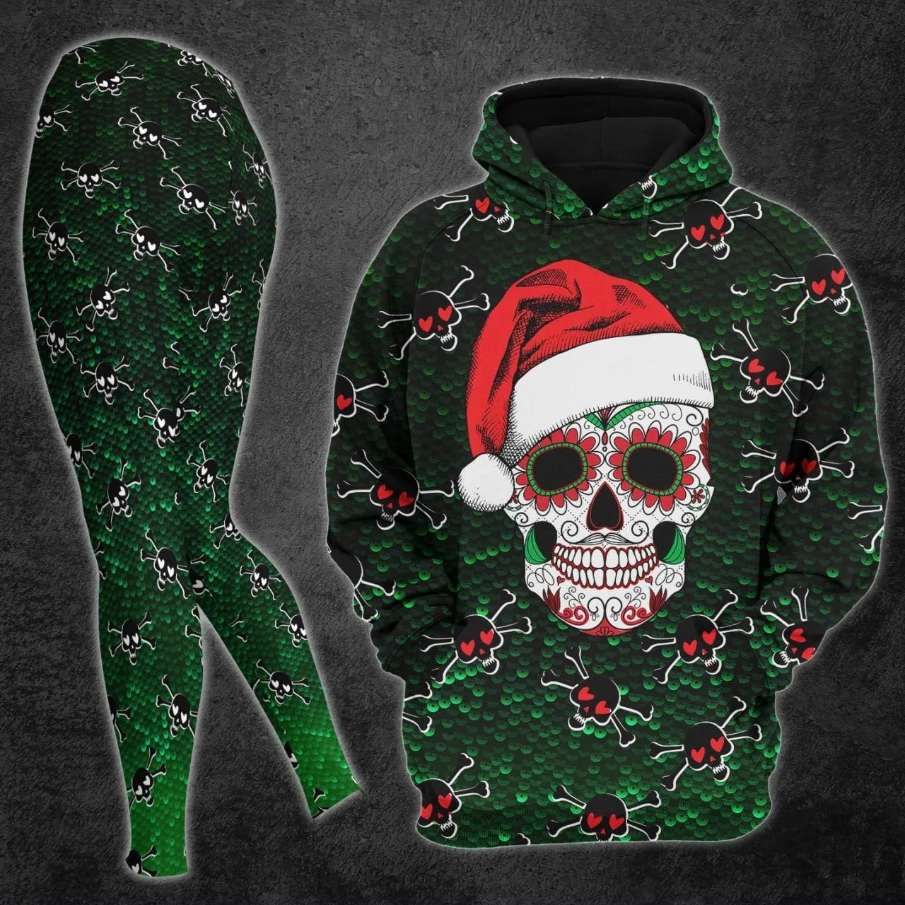 Badass Christmas Skull Artwork Print Combo Hoodie And Leggings