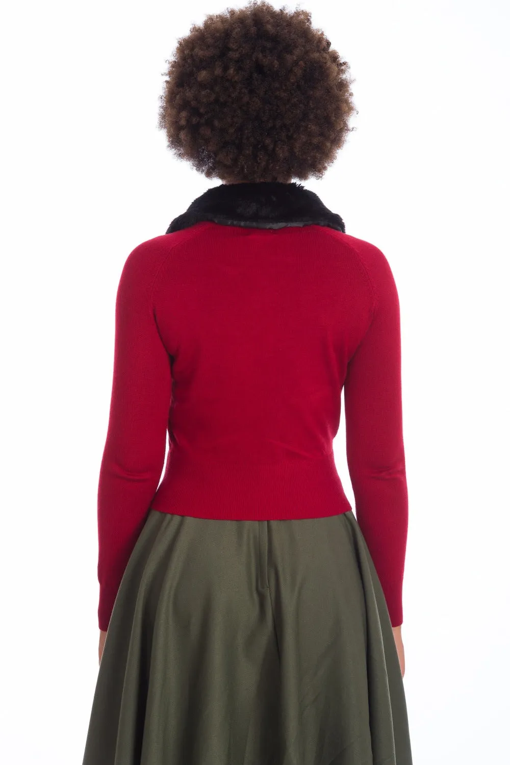 Banned Retro 50's Bow Dreaming Faux Fur Detachable Collar Burgundy Red Cardigan