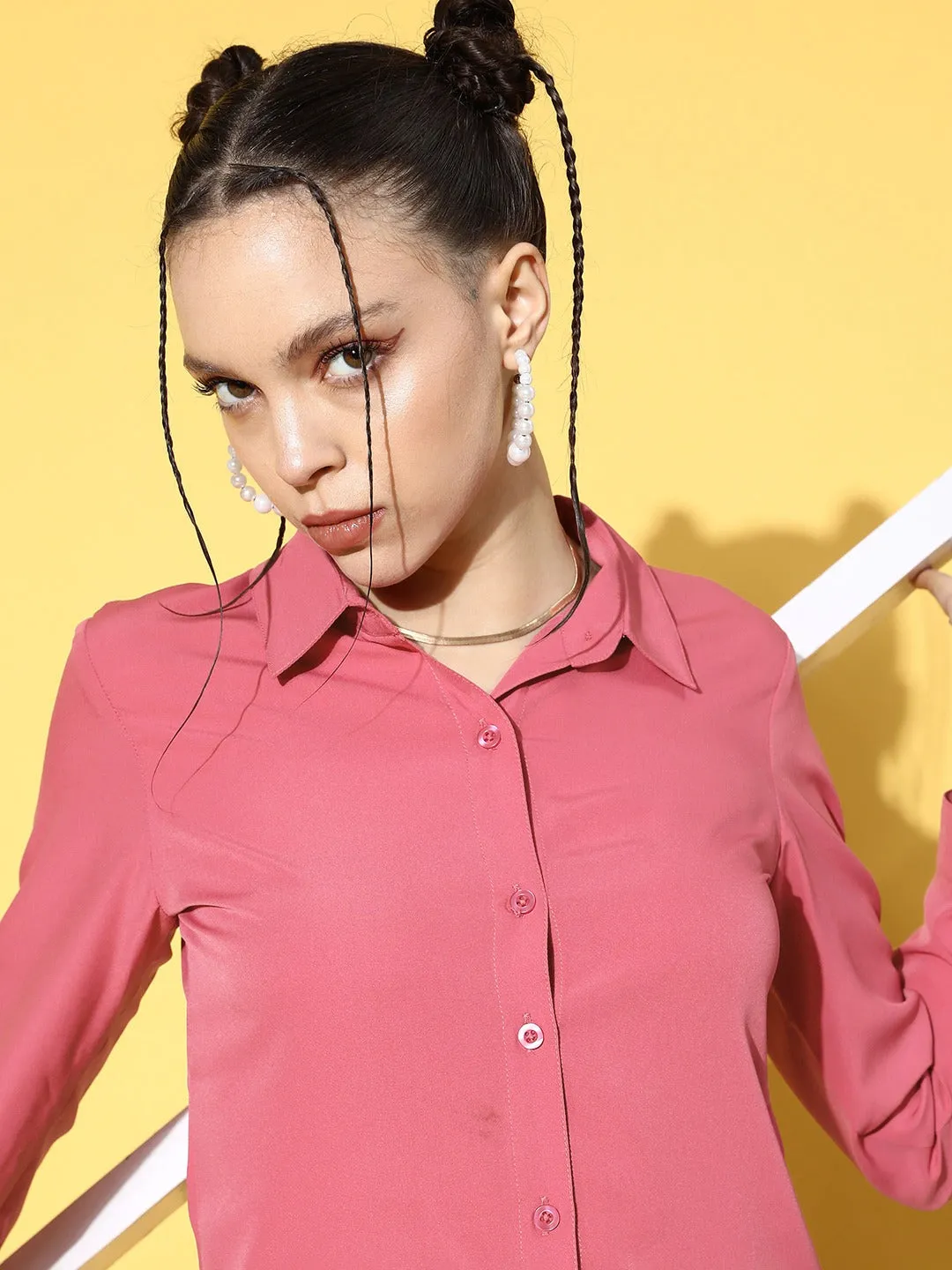 Berrylush Women Solid Pink Spread Collar Neck Front Button-Up Straight Hem Regular Shirt
