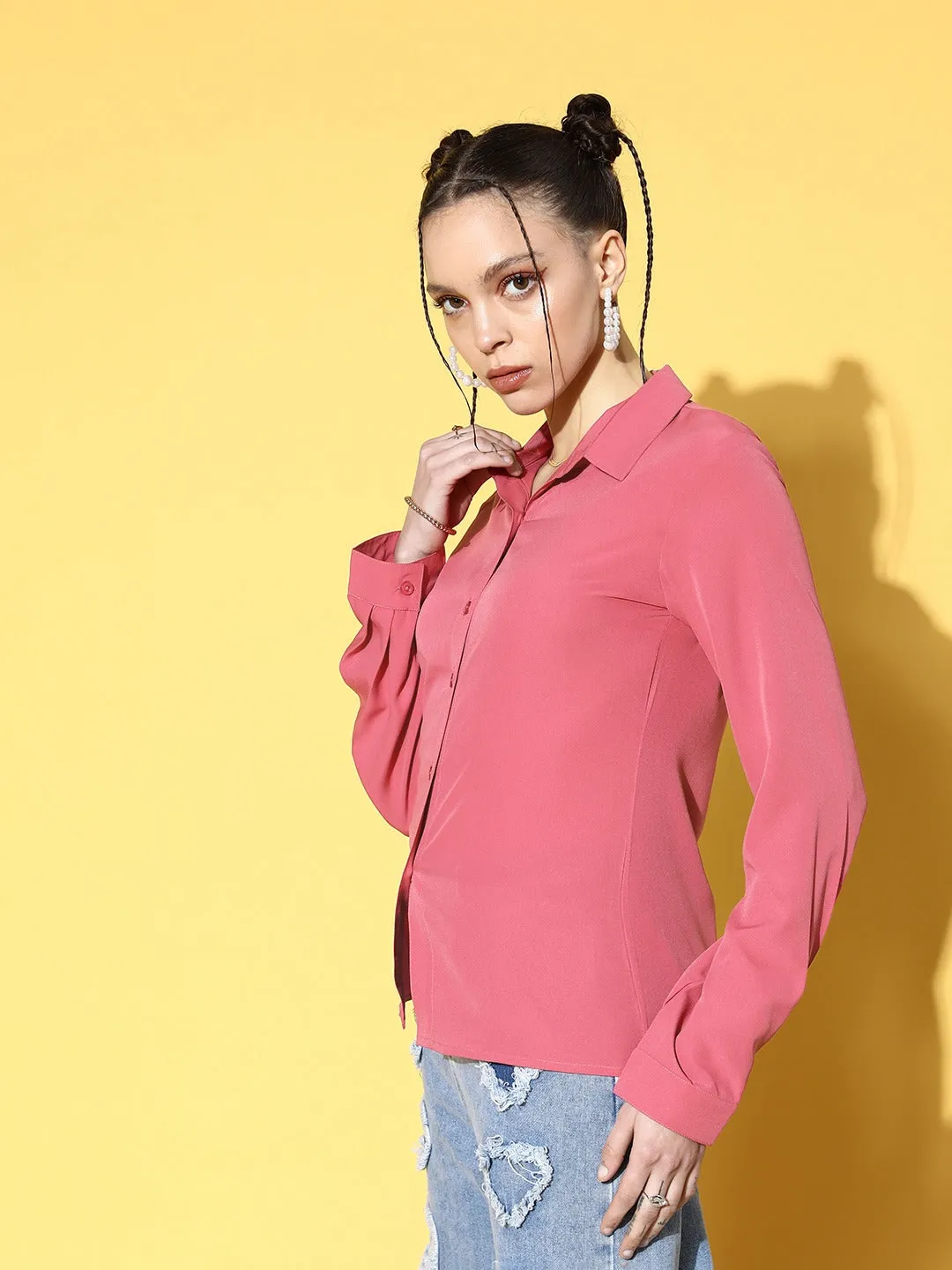 Berrylush Women Solid Pink Spread Collar Neck Front Button-Up Straight Hem Regular Shirt