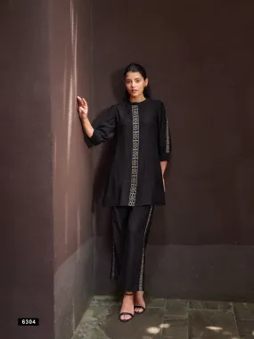 BLACK CO ORD SET WITH HIGHLIGHTES SLEEVES AND NECKLINE