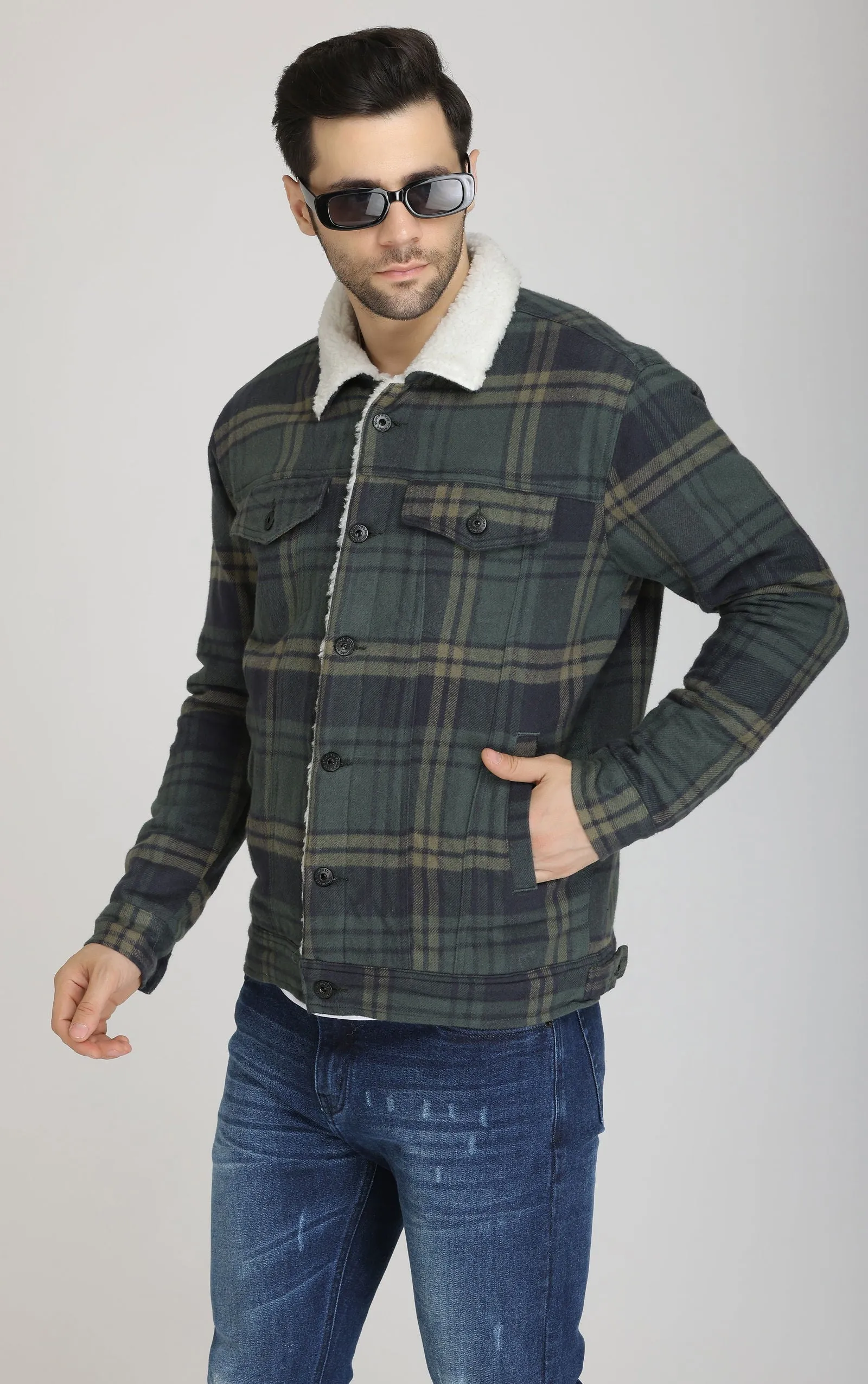 BLUE-GREEN FUR WOOLEN shacket