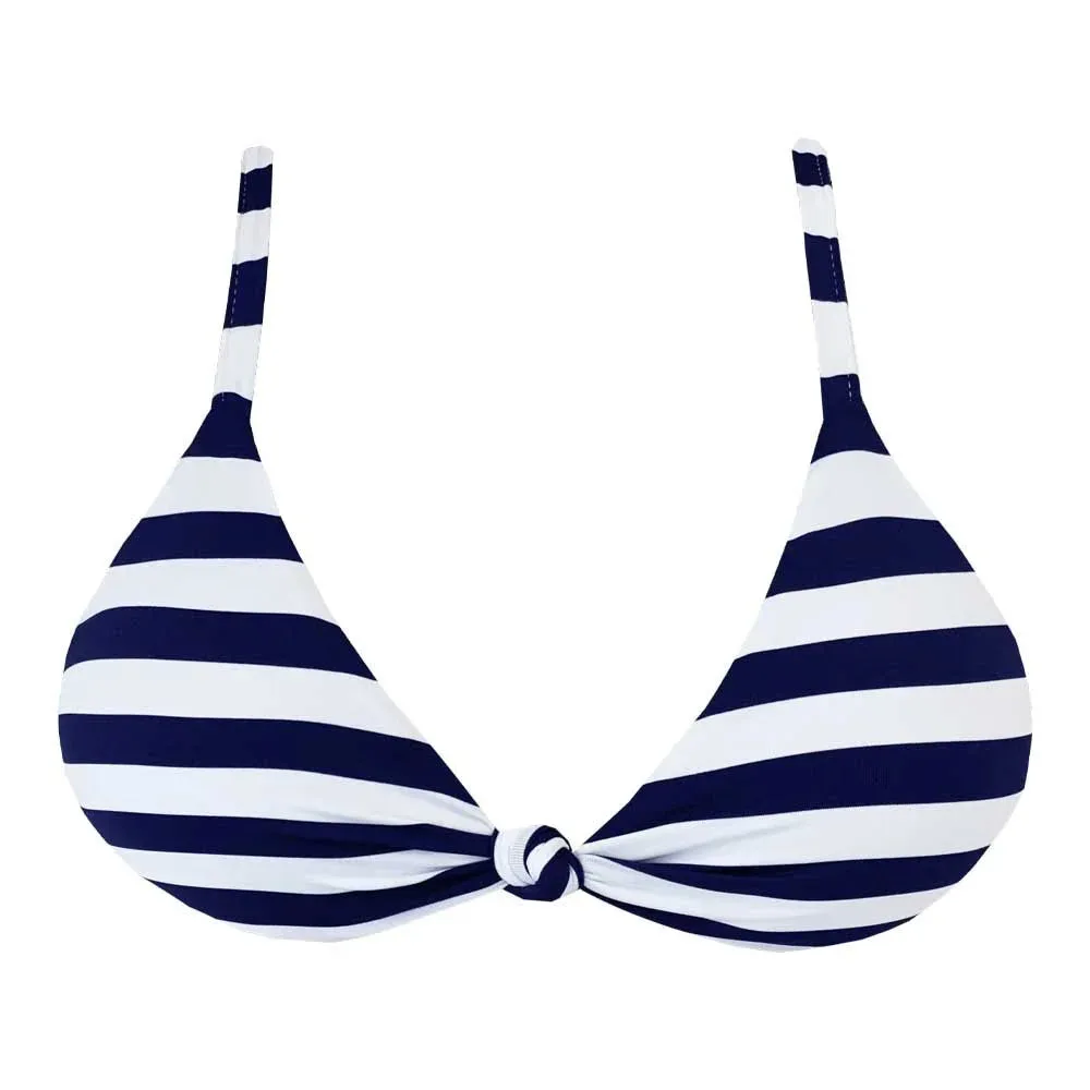 Blue Navy Stripes Brazilian Fixed Knot Triangle Bikini Top