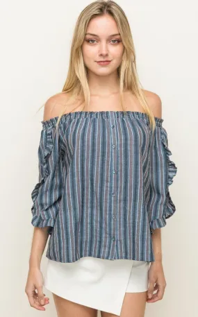 Button Down Ruffled Off Shoulder Top