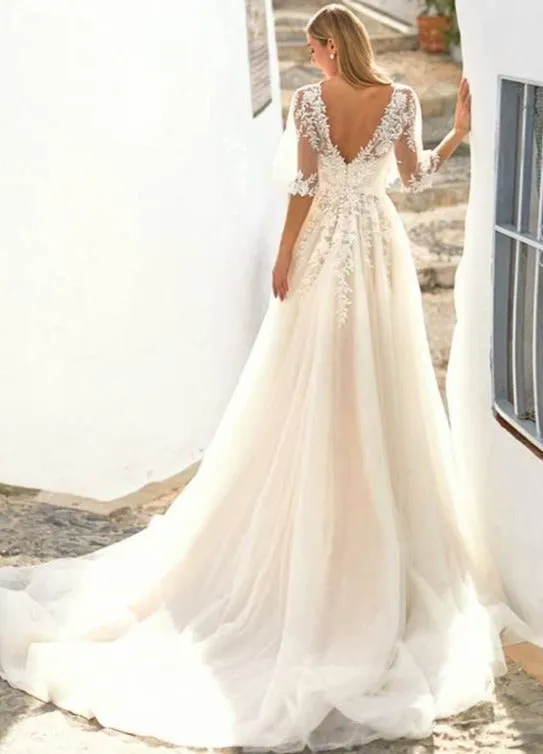 Cap Sleeve Lace Boho Wedding Dress