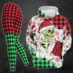 Christmas Double Green Red Plaid Skull Snow Combo Hoodie and Leggings