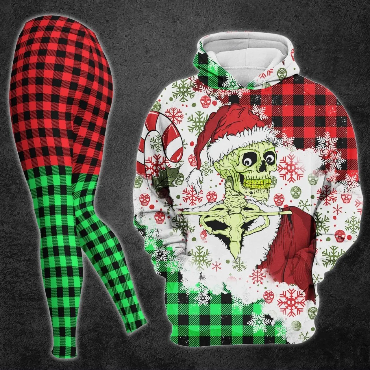 Christmas Double Green Red Plaid Skull Snow Combo Hoodie and Leggings