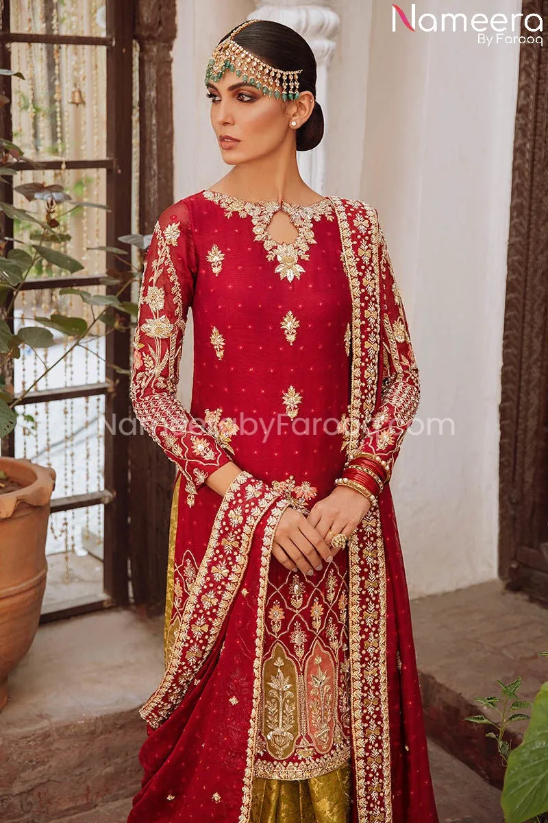 Deep Red Kameez with Sharara Dress for Wedding #BS677