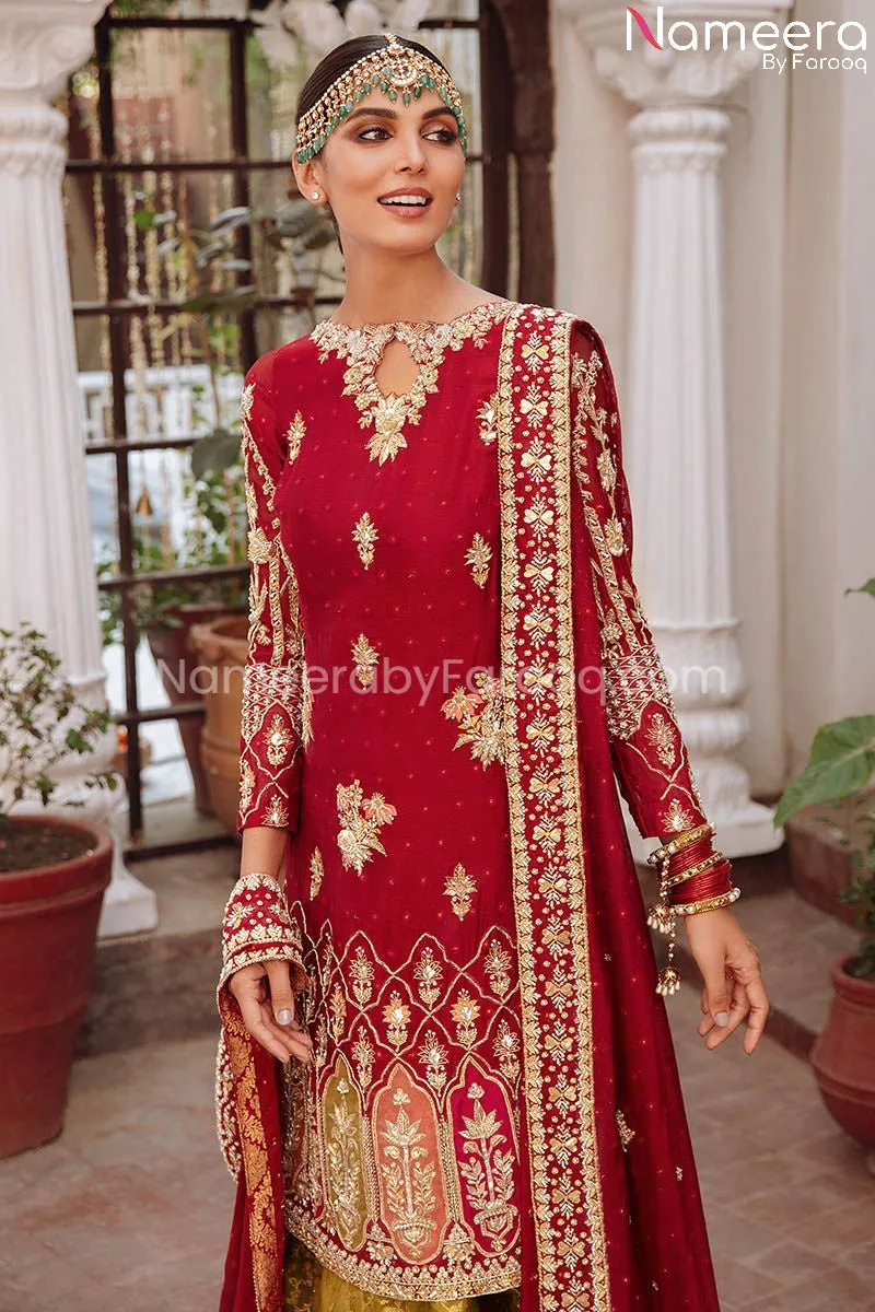 Deep Red Kameez with Sharara Dress for Wedding #BS677