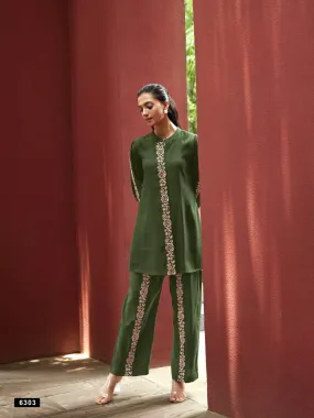 GREEN CO ORD SET WITH HIGHLIGHTES SLEEVES AND NECKLINE