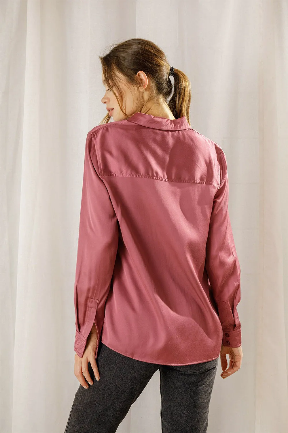 Leann Monochromatic Satin Long Sleeve Blouse