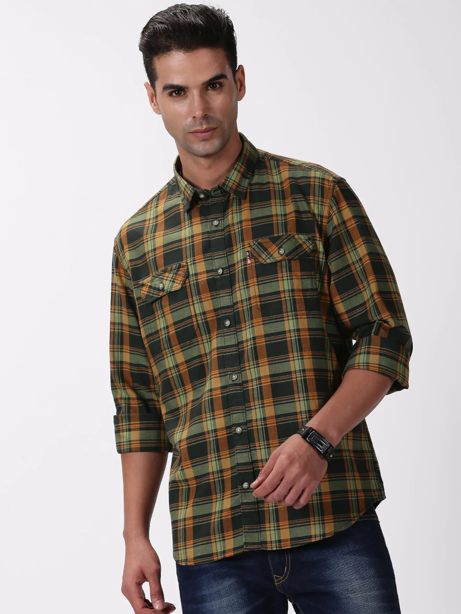 MEN'S GREEN CHECKS SLIM FIT SHIRT