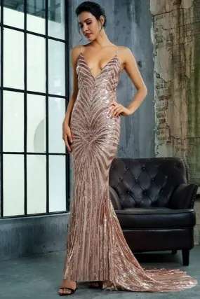 Mermaid Geometric Sequins Long Bridesmaid Dress - Gold