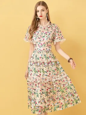 Mesh Flowers Embroidery Women's Midi Dress