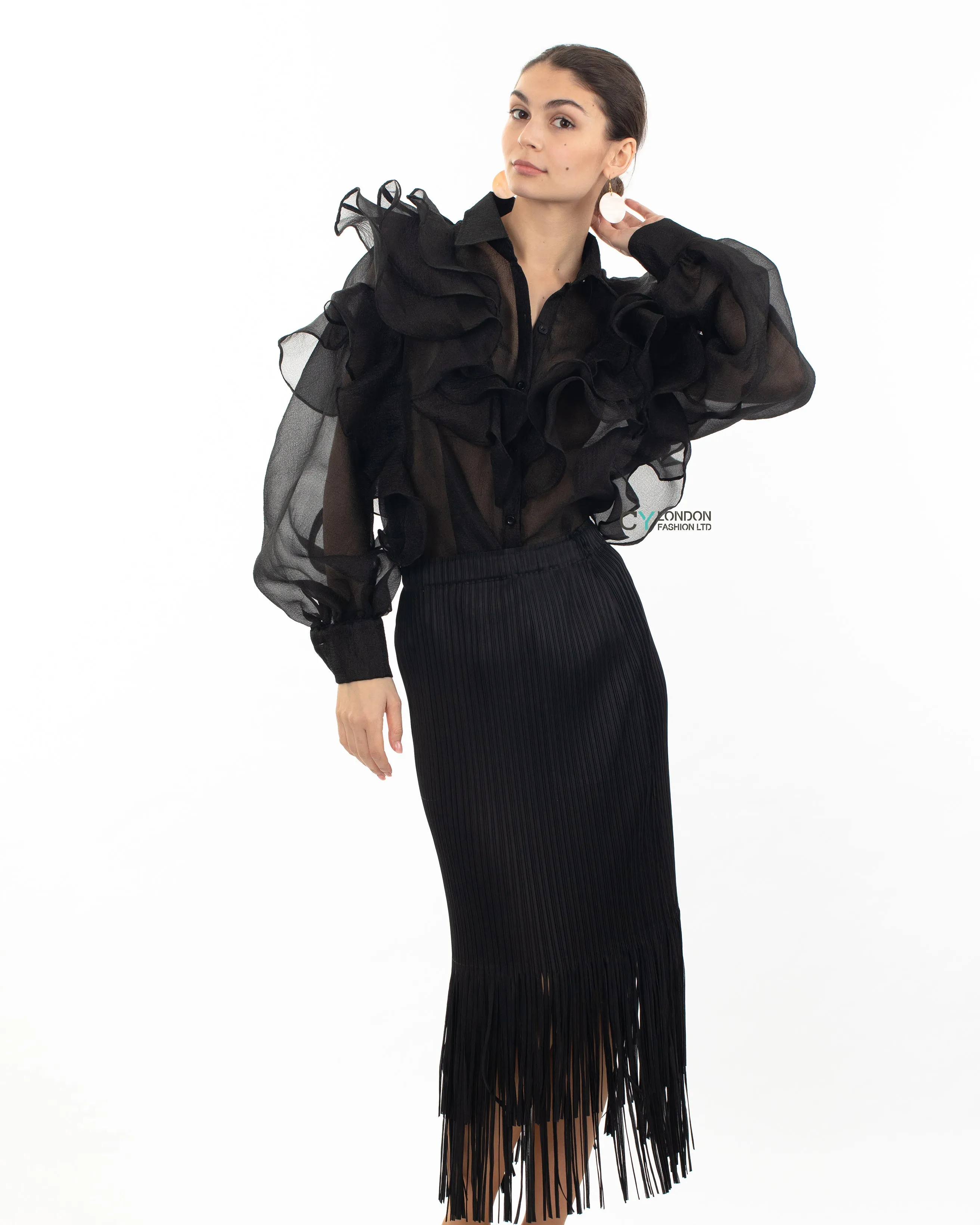 Multi Layer ruffles design sheer organza  shirt in black