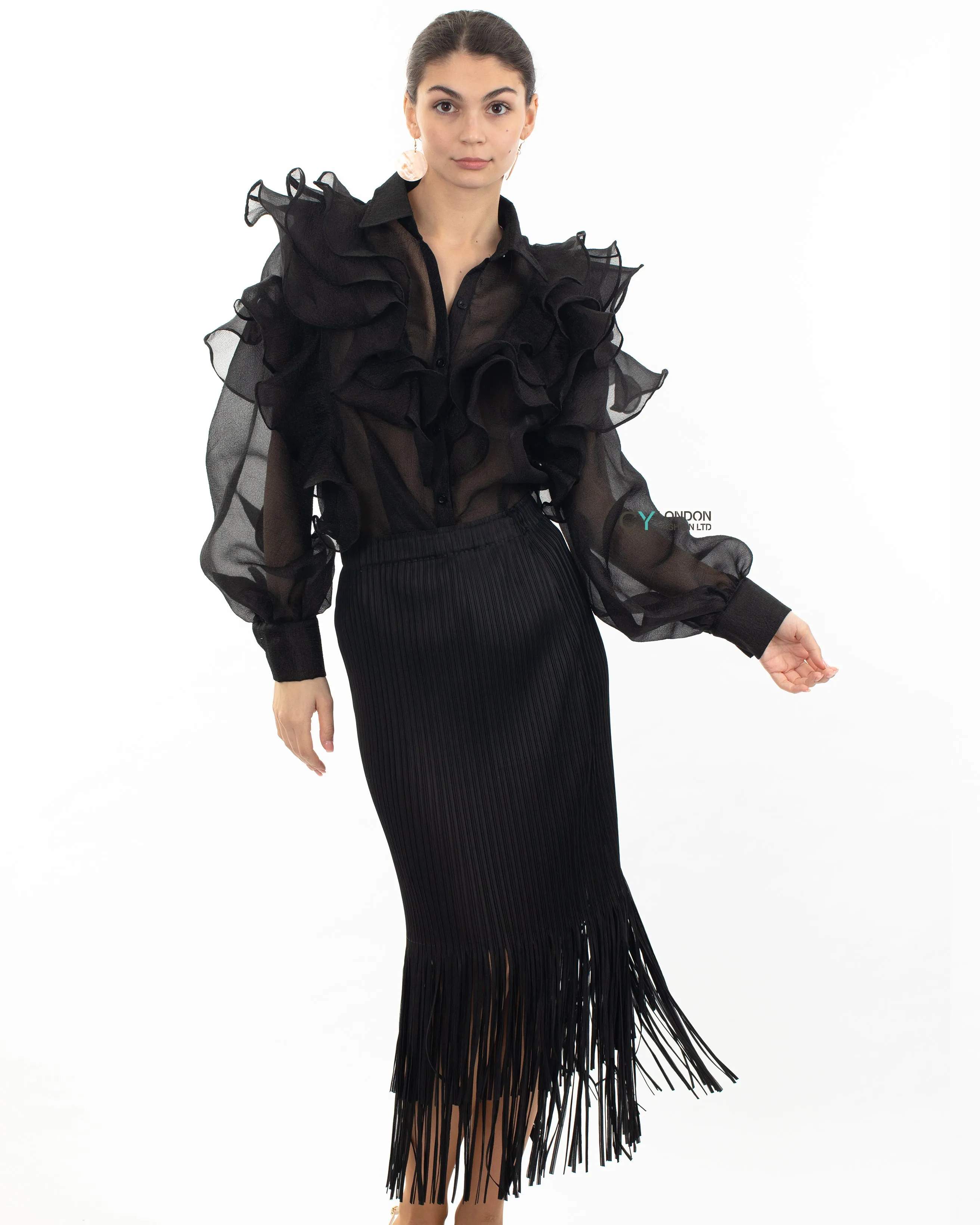 Multi Layer ruffles design sheer organza  shirt in black