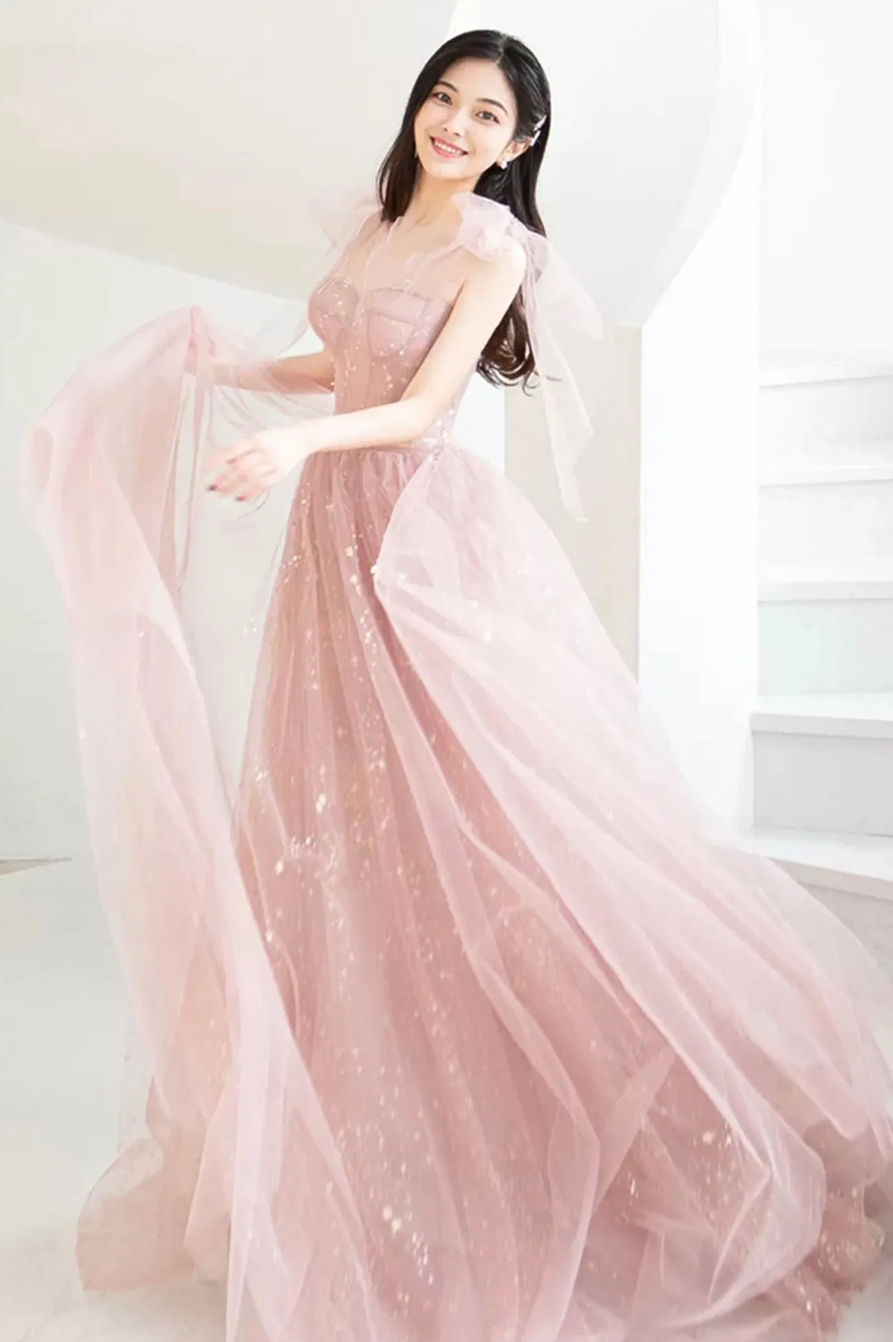 Pink Tulle Long Prom Dress, Beautiful A-Line Evening Dress