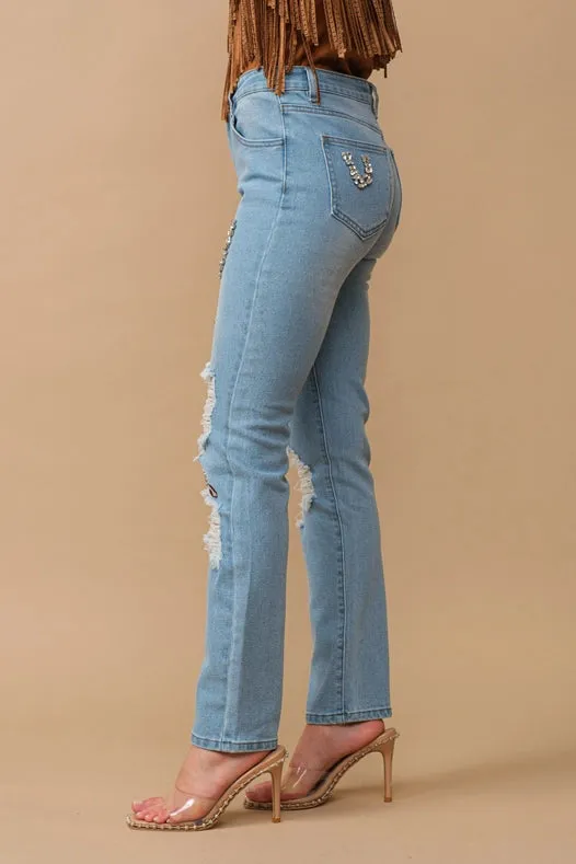 Rhinestone Embellishment W/ Embroidered Jeans