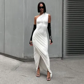Women's Solid Color Long Dress Casual Diagonal Collar Sleeveless Slim One Shoulder Dress