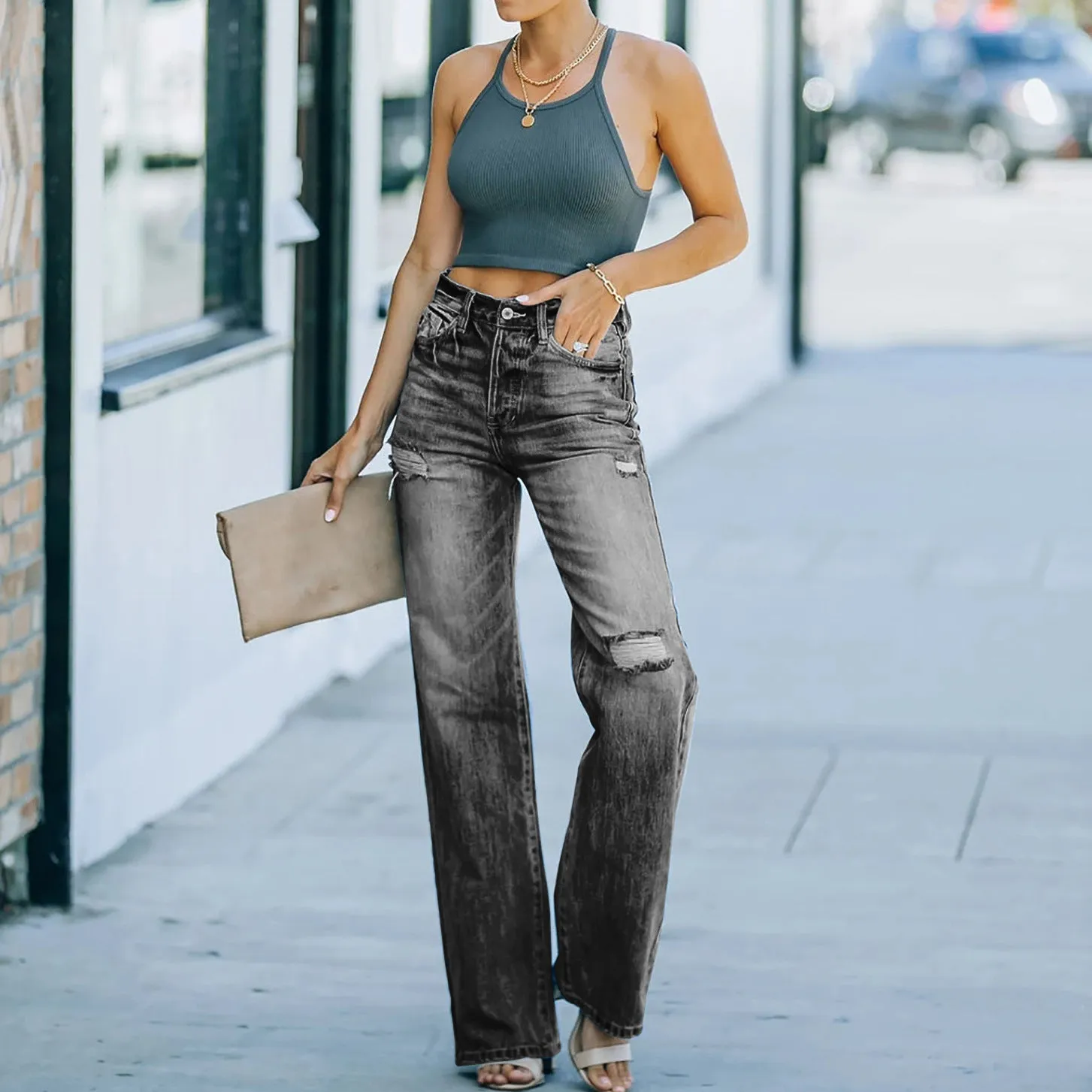 Women'S Trendy Straight Ripped Denim Trousers Wholesale Jeans
